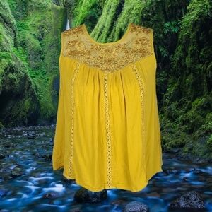 Vintage Embroidered Ornate Floral Bust Pleated Top, Mustard Yellow, Size L